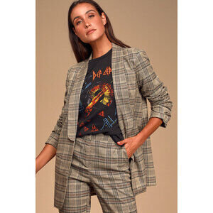 Lulus Coffee Dates Light Brown Plaid Ruched Sleeve Blazer